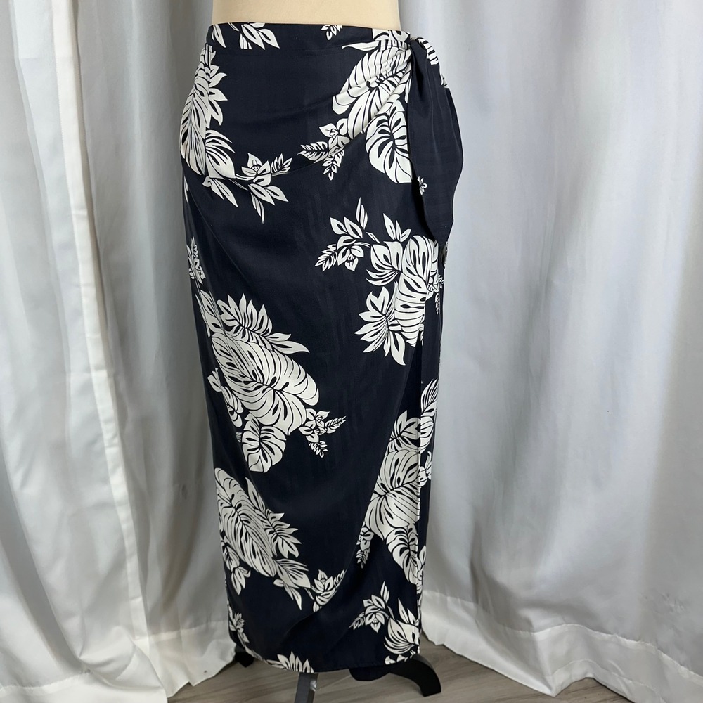 Black White Floral Wrap Maxi Skirt Size L? Side Tie Tropical READ